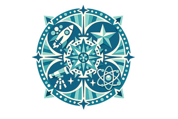 Fototapeta premium A circular vector illustration featuring space and science icons like a rocket, telescope, atom, and star, arranged in a symmetrical teal and blue mandala design on a black background.