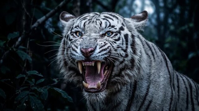 close up white tiger snarling at moonlight