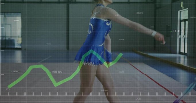 Shifting gymnast in blue leotard swinging ribbon doing routine at gym, grid and green line tracking