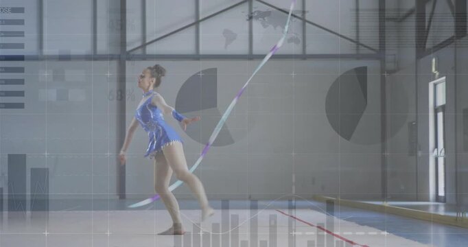 Gymnast crouching to launch, jumping ribbon loops for practice with overlay tracing path finishing