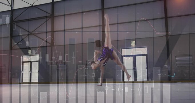 Teen skater skating routine placing hand doing 1-hand handstand rising as finance charts overlaying
