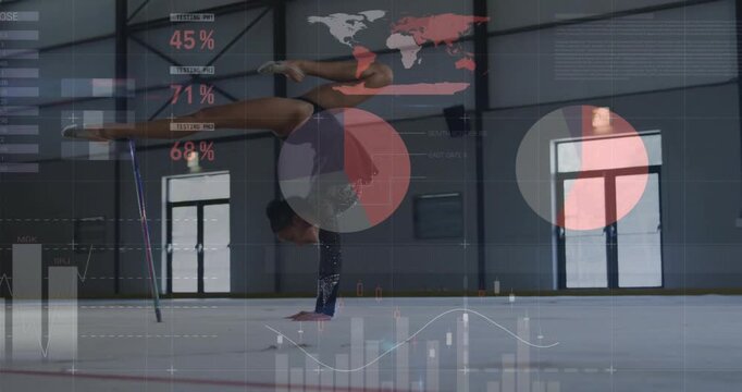 woman athlete starting inverted handstand holding scorpion split on mat charts tracking sports data