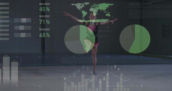 Child gymnast stepping forward, doing split jumps while HUD charts scoring form on sprung floor