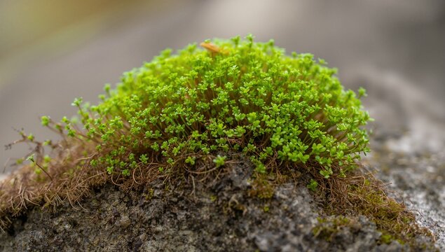 Showing dense cushion moss growing on rough gray rock surface, with brown rhizoids