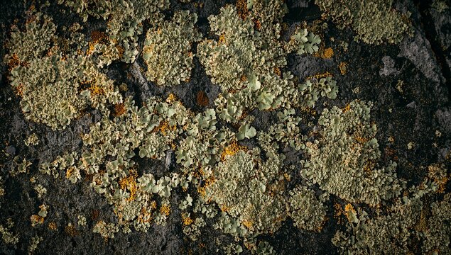 Covering dark gray rock outcrop, pale green foliose and crustose lichen bearing yellow apothecia