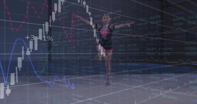 Kid gymnast shifting weight doing hops,tucks while finance charts overlaying mat showing gains