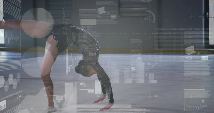 Woman skater shifting weight into handstand, then rising upright, practicing sports, HUD overlaying