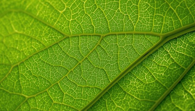 Displaying single green leaf backlit at close range, revealing prominent midrib and vein network