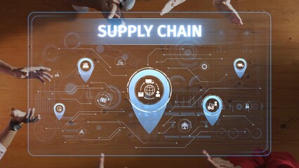 A dynamic representation of a supply chain network showcasing collaboration among professionals, emphasizing technology and digital connectivity in business operations. Raster