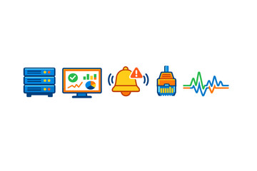 Naklejka premium A set of five colorful icons representing network monitoring and server management, including a server rack, a dashboard monitor, an alert bell, an ethernet plug, and a signal wave.