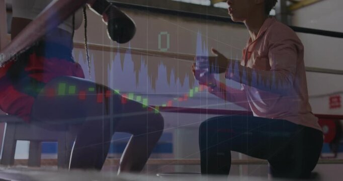 Coach kneeling tapping wraps, boxer adjusting gear for boxing training, chart overlay floating