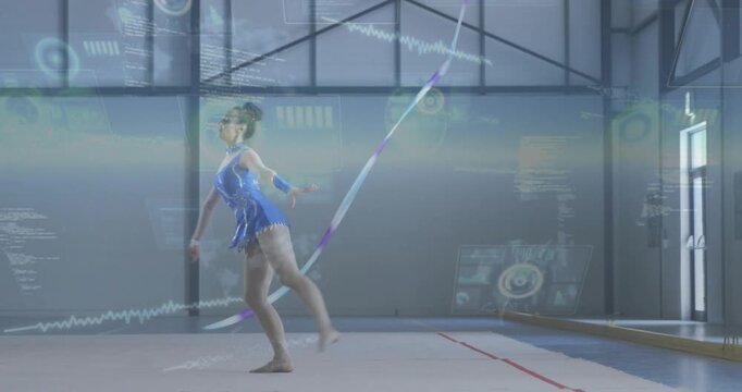 Gymnast bouncing leaping splits and tracing ribbon with HUD tracking for sports training