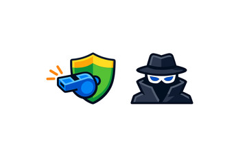 Fototapeta premium A vector illustration featuring a blue whistle and a green shield next to a mysterious figure wearing a dark hat and coat, symbolizing whistleblowing, crime reporting, and security protection.