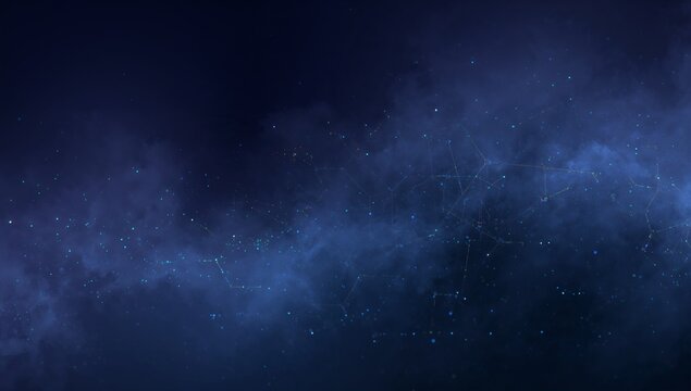 Stretching nebulous galactic band revealing mapped lines, teal nodes in deep space, showing stars