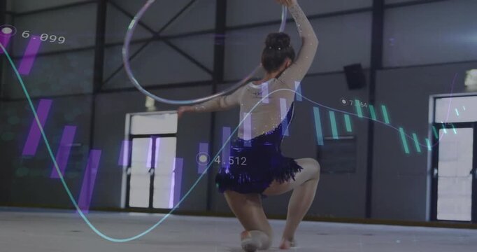 Teen rhythmic gymnast seated grabbing hoop pulling rising turning balancing competing data overlay