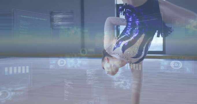 Teen performer initiating one-arm inversion by weight shift in rink, HUD tracking motion for drill