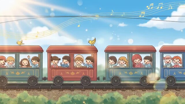 Children ride a colorful train under musical notes and birds, set in a cartoon style