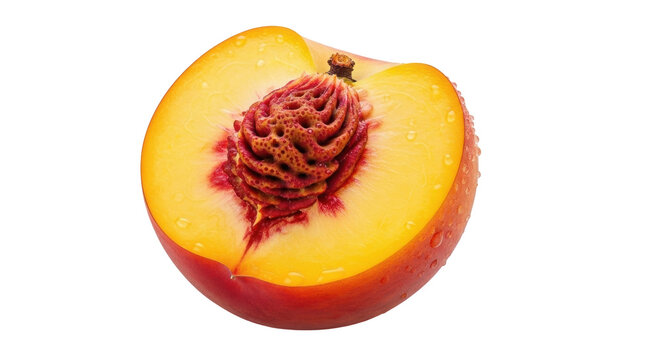 Half peach fruit isolated PNG on transparent background, juicy stone fruit with pit and red flesh, healthy eating and summer harvest