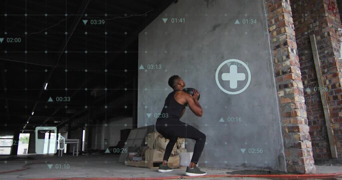 Male athlete entering with med ball, initiating squat then overhead toss for fitness, HUD updating