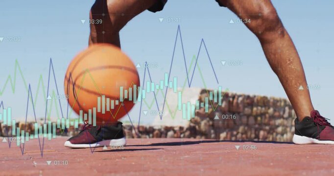 Male player dribbling low as rolling basketball starting data overlay showing footwork for training