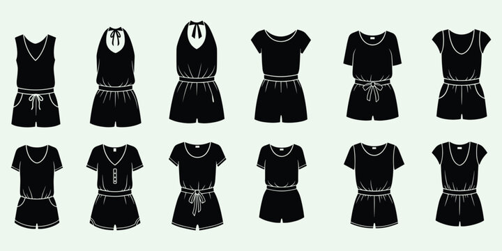 Women Romper Silhouette Set Summer Playsuit and Jumpsuit Vector SketchWomen Romper Silhouette Set Summer Playsuit and Jumpsuit Vector Sketch