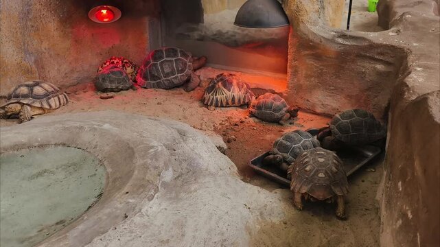 Turtles rest in a sandy enclosure with warm lighting. One turtle has a star-shaped shell pattern. Another turtle is partially hidden beneath a rock