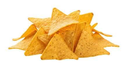 Naklejka premium Pile of golden yellow tortilla chips isolated PNG, crunchy snack food made from corn, perfect for dipping and parties on transparent background