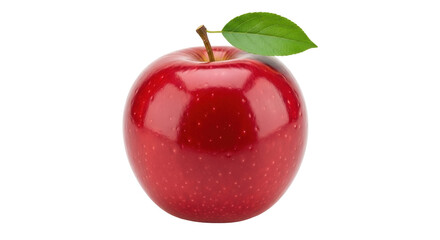 Shiny red apple with leaf isolated PNG, fresh fruit close-up for healthy eating and food design projects on transparent background