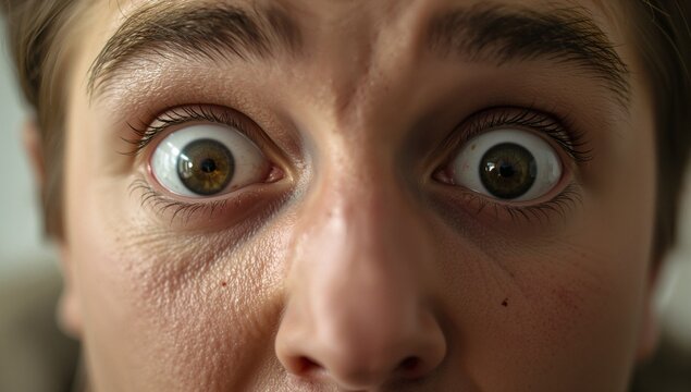 Filling frame, male face revealing wide hazel eyes, flared nose, textured skin, mole in muted room