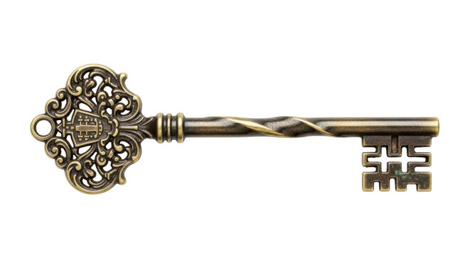 Ornate antique key isolated PNG on transparent background, vintage style bronze skeleton key for design elements and security concepts