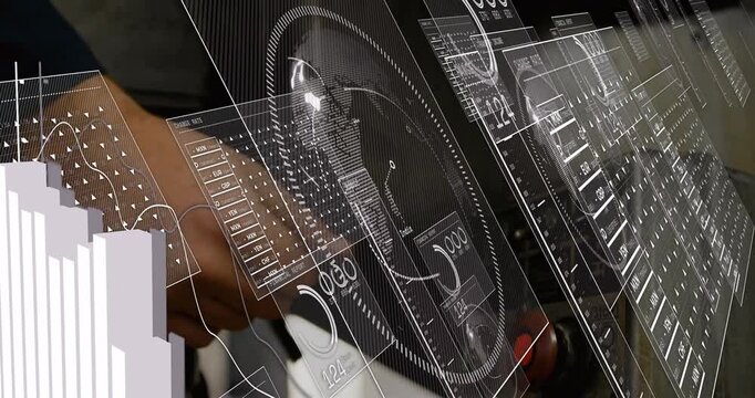 Tech hands pressing red button, rotating knobs, pulling lever, adding HUD gauges for plant checks