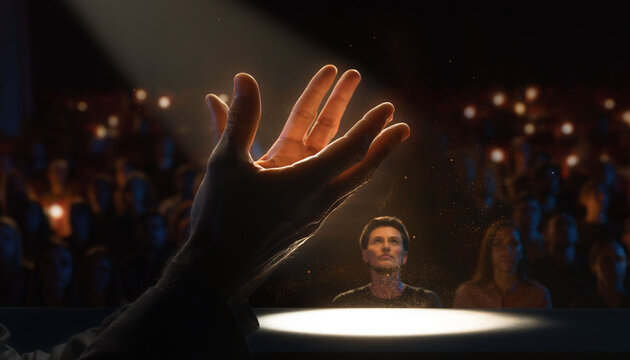 B&uuml;hne im Rampenlicht: Rednerhand vor Publikum f&uuml;r Keynote und Erfolg