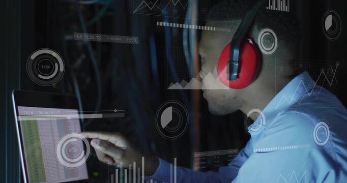 Data center tech noticing sheet alert laptop, leaning, pointing rows, reaching rack, monitoring HUD