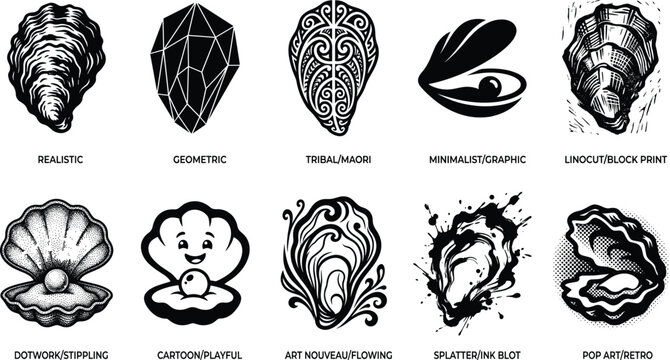 Collection of oyster shell and pearl icon styles including realistic, geometric, tribal, minimalist, linocut, cartoon, art nouveau, pop art and ink splatter vector set