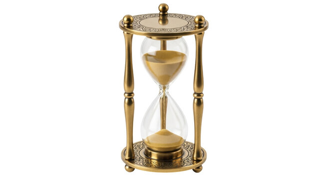 Elegant golden hourglass isolated PNG, time passing concept for deadline, countdown, and antique decor on transparent background