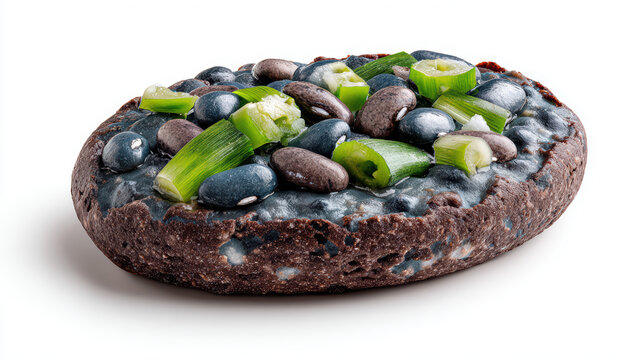 transparent mexican tlacoyo with blue corn masa and beans