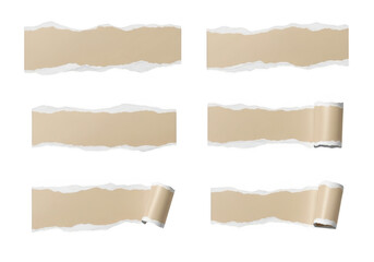 Fototapeta premium Six crumpled brown paper strips arranged in two rows isolated on transparent background