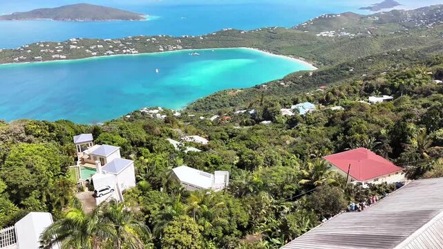 4k Aerial view of the Caribbean Ocean and Magens Bay Beach, Saint Thomas US Virgin Islands from top of the mountain 
