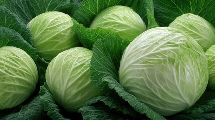 Fototapeta premium Cabbages grow in a bright garden, showcasing fresh green produce in abundance during the peak of the growing season