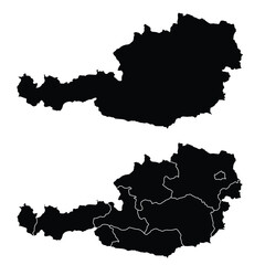 Fototapeta premium A black silhouette map of Austria is displayed in two views. The top shows the country outline, and the bottom details its federal states. Ideal for geography and travel content.