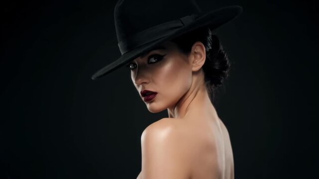Close-up shot of glamorous woman looking over shoulder in hat