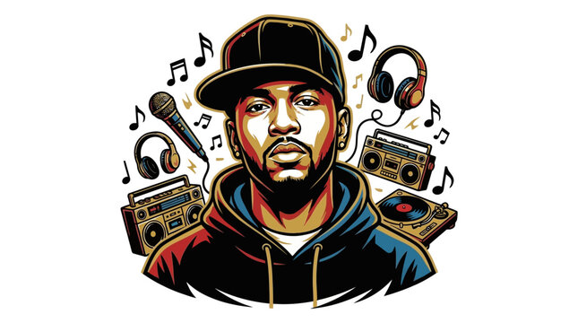 A vibrant illustration of a hip-hop artist wearing a baseball cap and hoodie, surrounded by musical elements like a microphone, headphones, boomboxes, and a turntable.