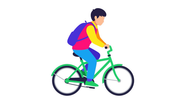 Young boy with backpack riding a green bicycle, isolated on white background.