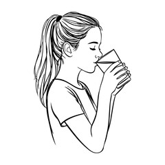 Dibujo sencillo con líneas de una chica joven bebiendo un vaso de leche, sujetándolo con las dos manos  © teracreonte