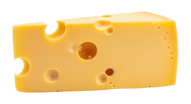 Swiss cheese block isolated PNG, yellow dairy product with holes on transparent background, food ingredient for cooking and sandwiches