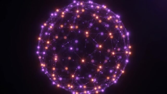 Zooming into a glowing purple and orange digital network sphere