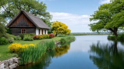 Obraz premium Old cottage with thatched roof beside calm lake