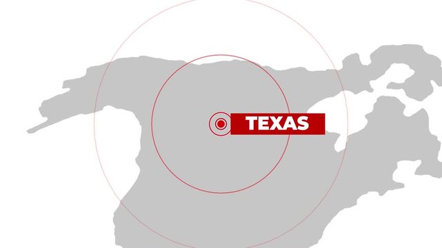 Texas state blinking on the world map 4k animation, alarm, flooding, news concept. Floods, climate change, usa