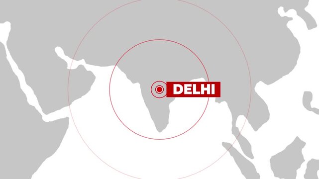 Blinking red light on the map of Delhi, India showing earthquake or breaking news concept, 4k animation