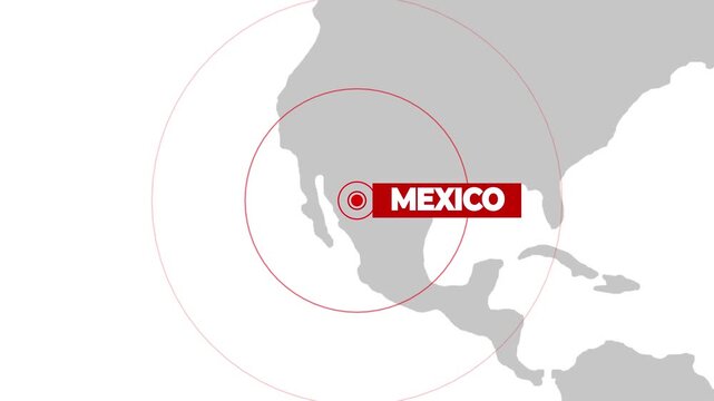 Location of Mexico showing signals in red on the world map close up, 4k animation. News concept, earthquake